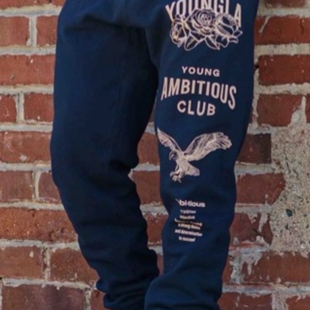 YoungLA Navy Joggers young ambitious with Floral and Eagle Graphics - Picture 6 of 7